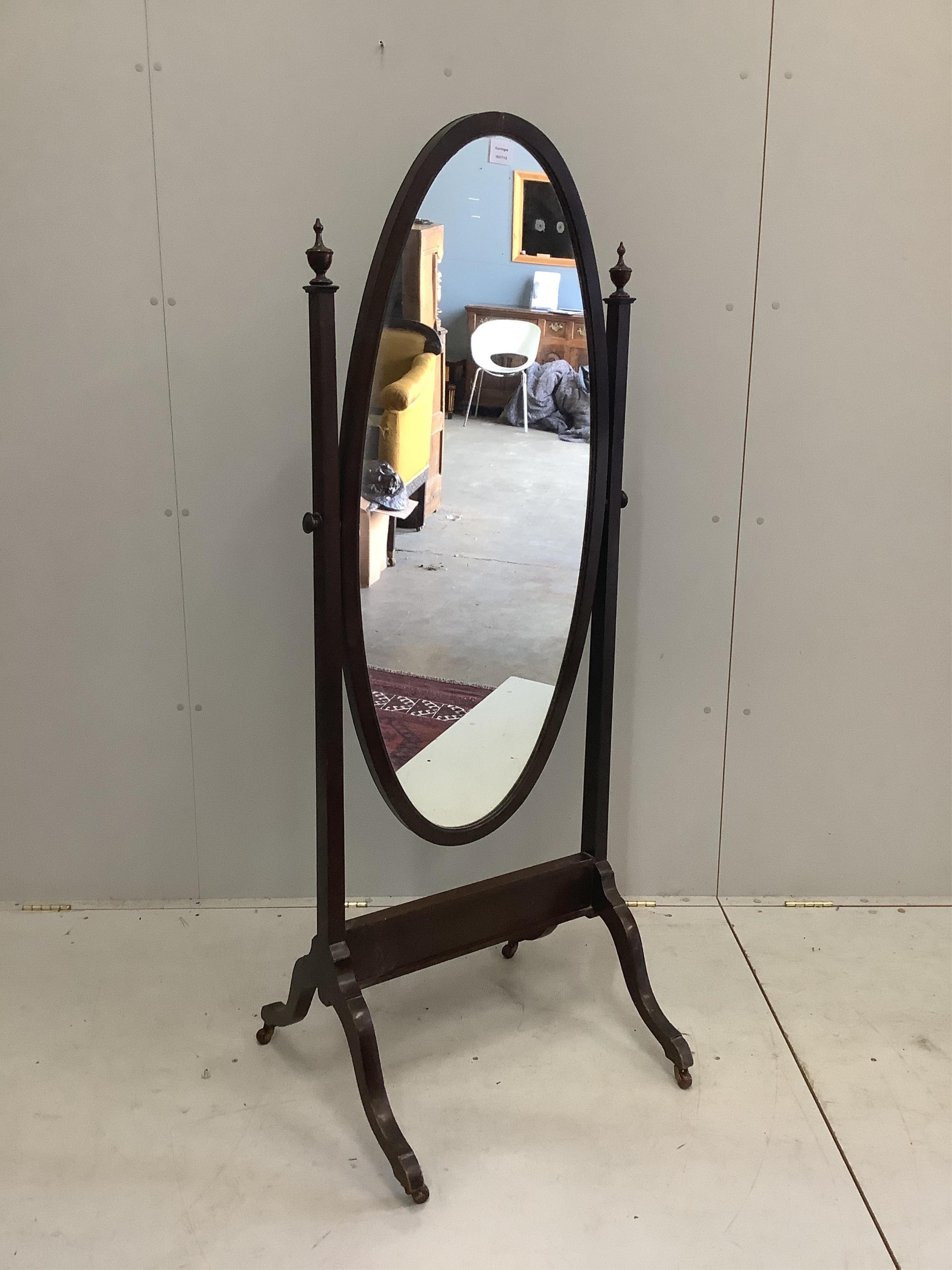 An early 20th century mahogany cheval mirror, height 159cm. Condition - fair